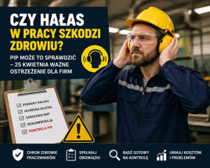 pracownik w ochronnikach słuchu w hali produkcyjnej – czy hałas w pracy szkodzi zdrowiu i kontrola PIP