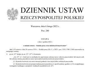 Dzienniku Ustaw z nowelizacją Kodeksu pracy wprowadzającą nowe zasady wykonywania pracy zdalnej i badań trzeźwości pracowników