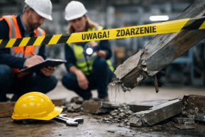 Zdarzenie potencjalnie wypadkowe w zakładzie produkcyjnym – analiza miejsca zdarzenia i uszkodzonej konstrukcji stalowej przez służby BHP