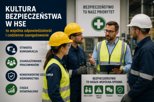 Kultura bezpieczeństwa w HSE omawiana przez kierownictwo i pracowników podczas spotkania BHP w zakładzie pracy