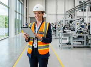 Specjalista na tle nowoczesnego zakładu. HSE i BHP – czym różnią się te pojęcia i dlaczego są dziś tak ważne