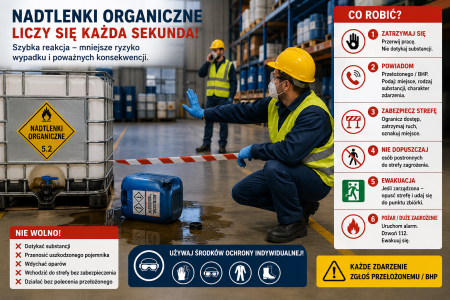 Nadtlenki organiczne w magazynie – procedura awaryjna BHP przy wycieku substancji niebezpiecznej.