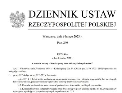 Dzienniku Ustaw z nowelizacją Kodeksu pracy wprowadzającą nowe zasady wykonywania pracy zdalnej i badań trzeźwości pracowników